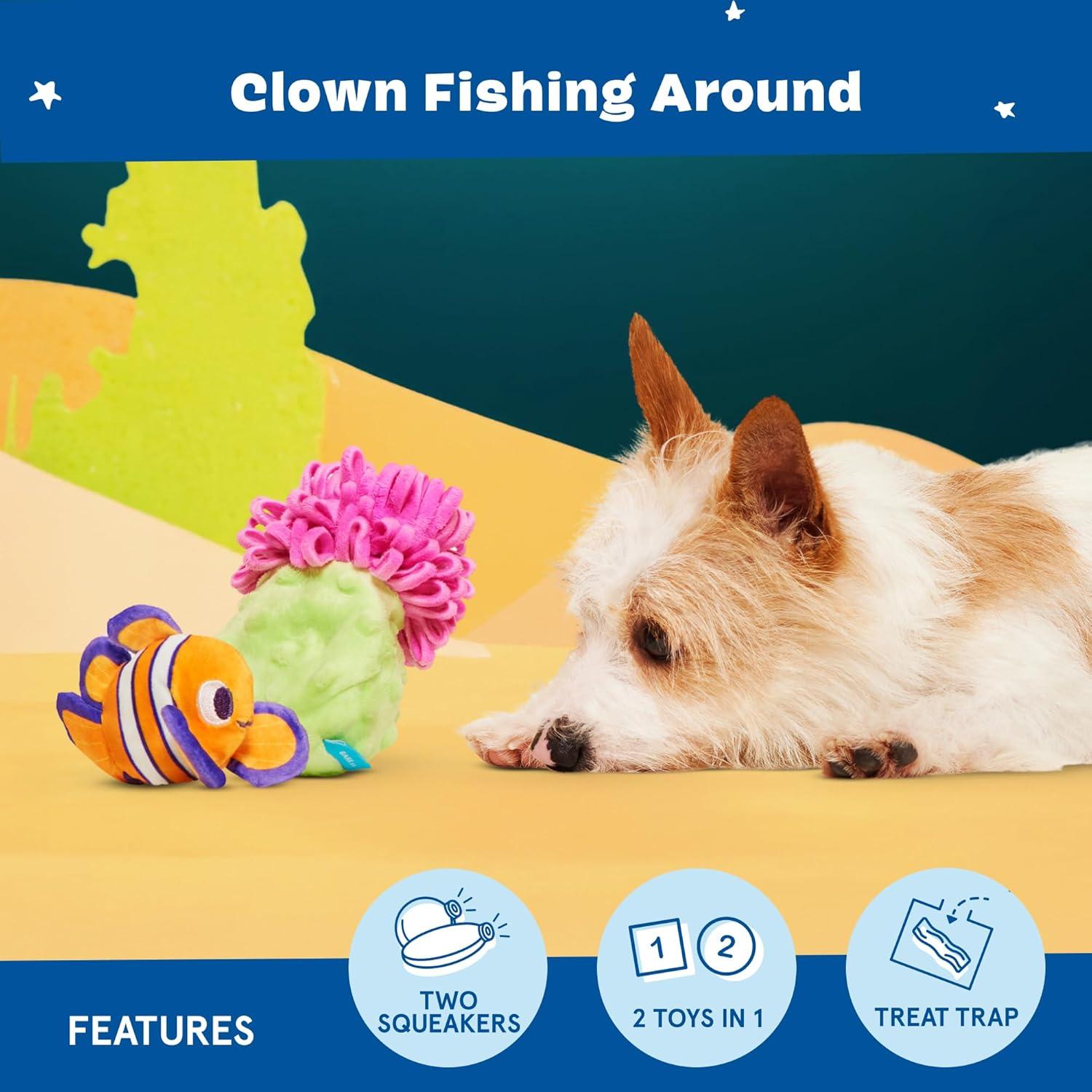 imageBarkbox Clown Fishing Around Plush Toy for Small Dogs  2Part Squeaky Toy with TreatHiding Fun  Perfect for Interactive Play and Mental StimulationClown Fishing AroundSmall