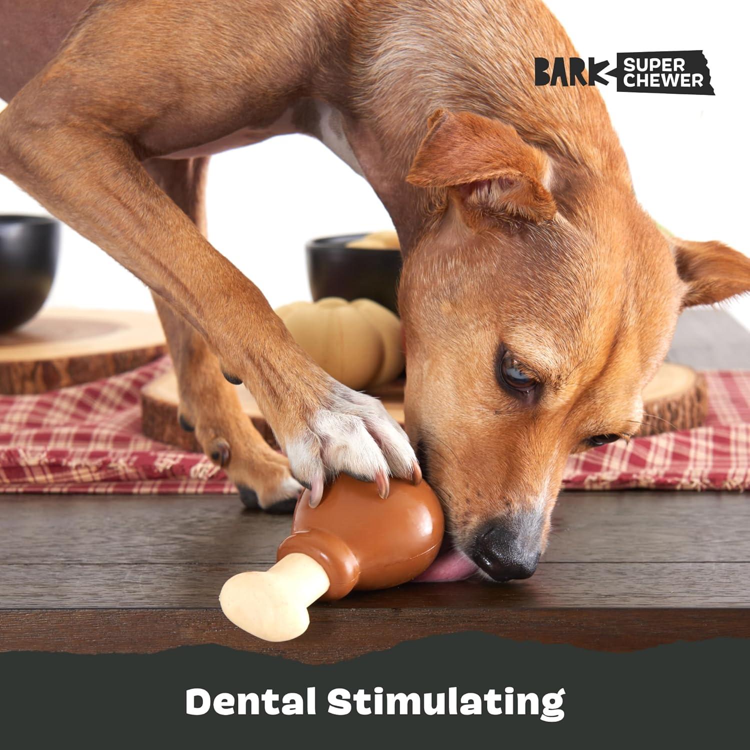 imageBarkbox Super Chewer Tough Dog Chew Toys for Aggressive Chewers Dental Stimulating T Bone  LargeTurkey Day Drumstick  Small