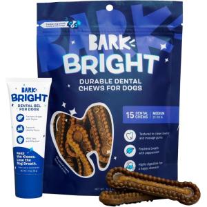 Barkbox Bright Durable Dog Dental Kit for Tough Chewers, 15 Chew Sticks & Toothpaste – Large Breeds(Medium Breeds)